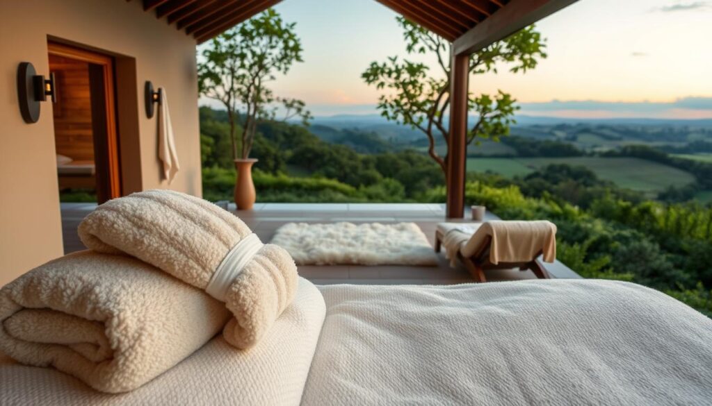 A serene spa retreat nestled in a lush, verdant landscape. In the foreground, plush, oversized towels and soft, fluffy bathrobes in soothing neutral tones invite visitors to indulge in ultimate comfort. The middle ground features a cozy sitting area with a large, plush rug and a pair of inviting chaise lounges, draped in sumptuous textiles that exude tranquility. In the background, a panoramic view of rolling hills and a distant horizon, complemented by warm, diffused lighting that casts a calming glow throughout the space. The overall atmosphere is one of pure relaxation and rejuvenation, where the comfort of high-quality textiles elevates the senses and transports the viewer to a state of serene bliss.