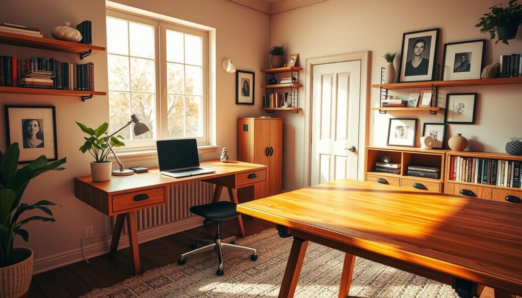 A cozy and well-appointed home office, bathed in warm, natural light from a large window. In the foreground, a sturdy wooden desk hosts a sleek, state-of-the-art laptop, a minimalist desk lamp, and a lush potted plant. On the walls, artfully curated shelves display a mix of books, decorative objects, and framed artwork, creating a harmonious blend of function and style. The middle ground features a comfortable, ergonomic office chair and a plush, textured area rug that grounds the space. In the background, a subtle bookcase or cabinet provides additional storage and visual interest, complementing the overall aesthetic. The atmosphere is one of focused productivity, balanced with a touch of personal style and sophistication.