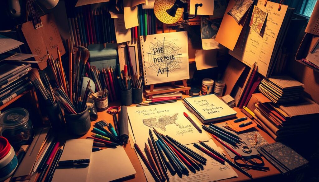 A dynamically lit workspace filled with a diverse array of mixed media materials - paint brushes, ink pens, markers, colored pencils, sketchbooks, and various textures like paper, cardboard, and fabric swatches. The materials are arranged in an aesthetically pleasing manner, suggesting a creative process of graphic design and visual storytelling. The lighting is warm and directional, casting dramatic shadows and highlights that enhance the tactile qualities of the materials. The overall mood is one of inspirational creativity and the boundless potential of visual expression.
