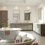 A serene bathroom interior bathed in soft, natural lighting. The foreground features a large, freestanding clawfoot tub with smooth, neutral-toned marble accents. Surrounding the tub are plush, textured towels and a delicate potted plant, creating a calming, spa-like ambiance. The middle ground showcases a double vanity with muted, matte-finish cabinets and a large, frameless mirror. The background reveals wall-to-wall, white subway tiles, complemented by discreet, recessed lighting that casts a warm, inviting glow. The overall mood is one of tranquility, relaxation, and gentle luxury.