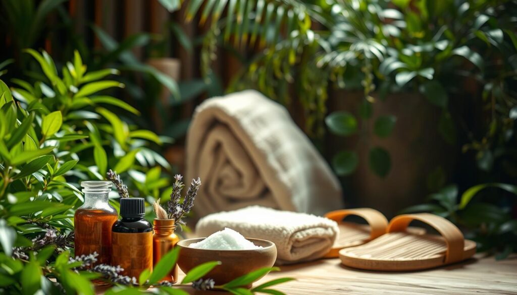 A serene spa retreat surrounded by lush, verdant foliage. In the foreground, an assortment of essential oils and bath salts in earthy ceramic containers, complemented by delicate sprigs of lavender. In the middle ground, a plush, oversized towel and a pair of bamboo slippers, inviting relaxation. The background features a large potted plant with cascading leaves, bathed in warm, diffused lighting that casts a soothing glow. The overall atmosphere is one of natural tranquility, evoking a sense of harmony and rejuvenation.