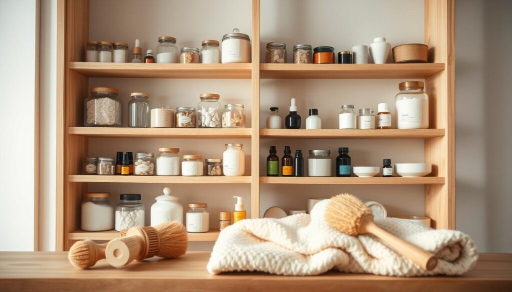 A well-organized home spa storage solution, featuring a clean and minimalist wooden shelving unit. On the shelves, an assortment of glass jars and ceramic containers hold an array of bath salts, essential oils, and other spa-inspired products. Soft lighting illuminates the scene, creating a warm and serene ambiance. In the foreground, a plush, ivory-colored towel and a set of bamboo brushes add to the spa-like atmosphere. The overall composition conveys a sense of order, relaxation, and a thoughtful approach to curating a personal spa experience within the home.
