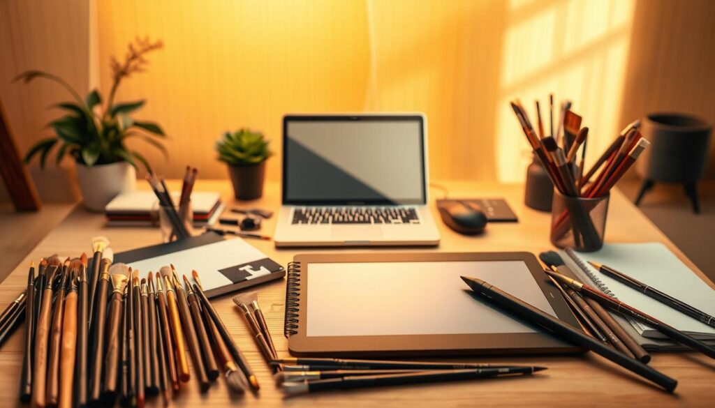 Elegant arrangement of fine art supplies and digital tools set against a warm, studio-inspired backdrop. In the foreground, an array of high-quality brushes, paints, and sketchpads sit alongside a sleek graphics tablet and stylus. The middle ground features a modern laptop and mouse, symbolizing the fusion of traditional and digital media. The background showcases a softly-lit, minimalist workspace with natural wood tones and a hint of greenery, creating a serene, creative atmosphere. Warm, directional lighting casts subtle shadows, highlighting the textures and details of the diverse artistic tools. The overall composition conveys a sense of balance and harmony between analog and digital artistic expression.