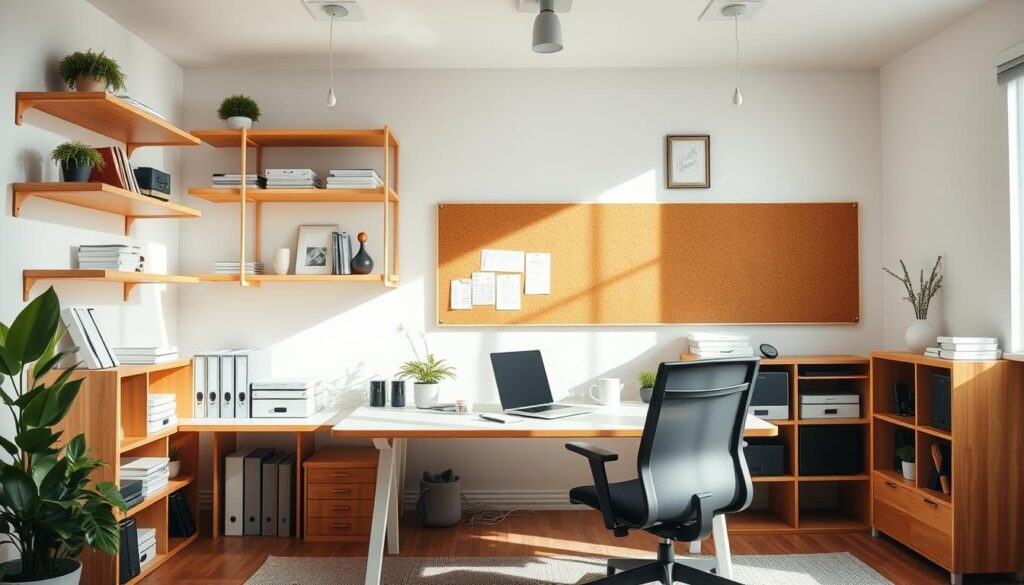 Organized office with minimalist desk, sleek shelves, and neatly arranged supplies. An airy, sunlit workspace with warm wood tones and greenery accents. Floating shelves display carefully curated decor pieces. A large corkboard with inspirational notes and reminders. Ergonomic chair and streamlined laptop setup. Soft, diffused lighting from overhead fixtures creates a calm, focused atmosphere. Overall, a harmonious blend of function and aesthetics that facilitates productivity and creativity.